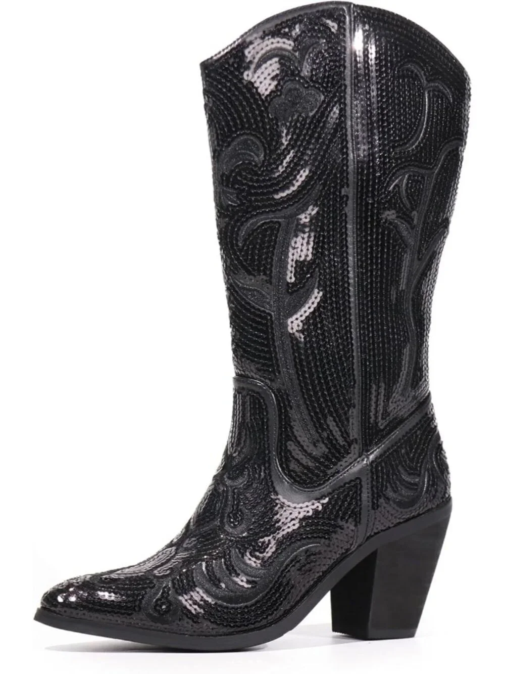 Women's Black Sequin Fashion Western Cowboy Boots Wide Calf High Fashion Zipper